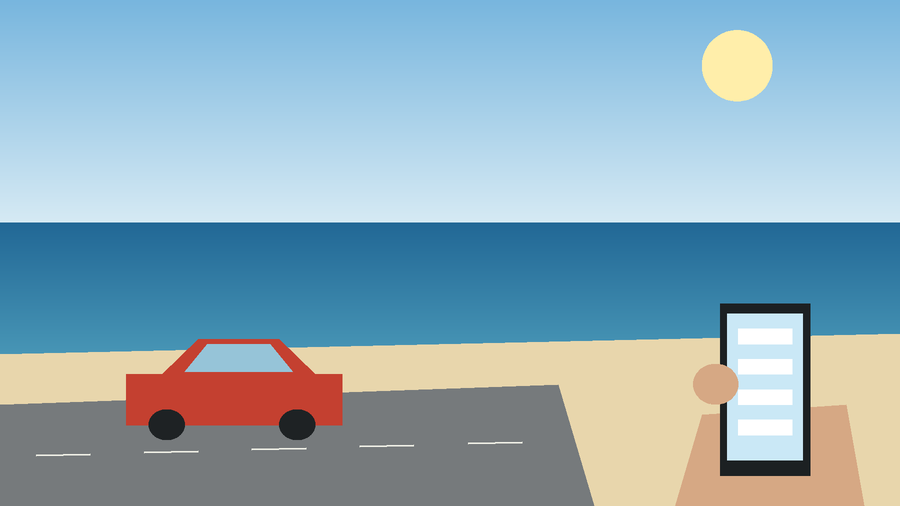 Scena disegnata: spiaggia con mare al sole, una strada con un’auto parcheggiata e, in basso a destra, una mano che tiene un telefono acceso.